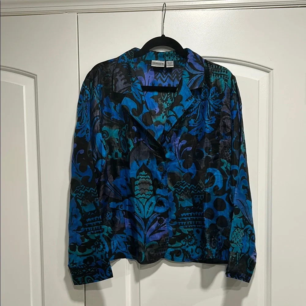 CHICO’S 100% Silk Blue and Black Patterned Lightweight Blazer Jacket - Picture 1 of 8
